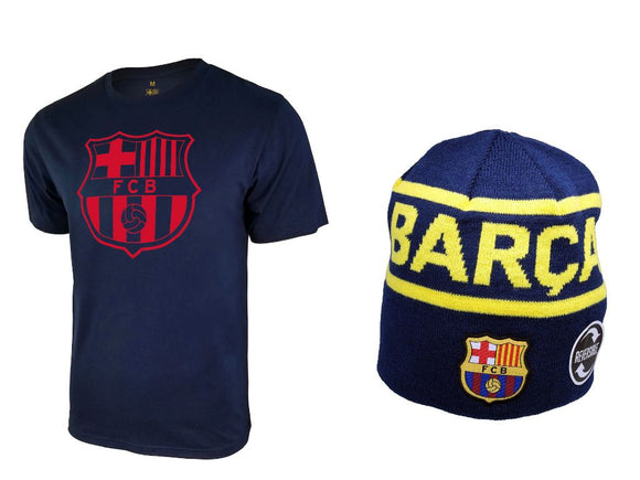 Icon Sports Men FC Barcelona Official Soccer T-Shirt and Beanie Combo 29