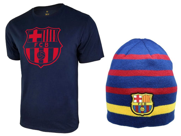 Icon Sports Men FC Barcelona Official Soccer T-Shirt and Beanie Combo 55