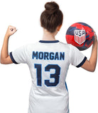 Icon Sports Officially Licensed U.S. Soccer 4 Star USWNT Girls Game Day Tee, Youth Soccer Shirt & Gear- Alex Morgan 13 Blue
