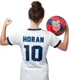 Icon Sports Officially Licensed U.S. Soccer 4 Star USWNT Girls Game Day Tee, Youth Soccer Shirt & Gear- Lindsey Horan 10 Blue