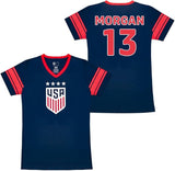 Icon Sports Officially Licensed U.S. Soccer 4 Star USWNT Girls Game Day Tee, Youth Soccer Shirt & Gear- Alex Morgan 13 Navy/Red