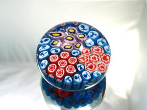 M Design Art Hand Glass Blue & Yellow Millefiore Paperweight