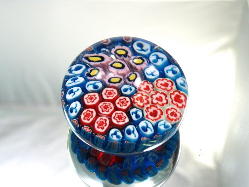 M Design Art Hand Glass Blue & Yellow Millefiore Paperweight