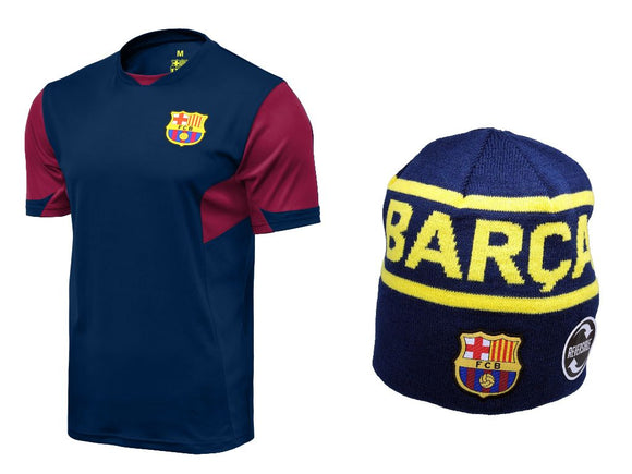 Icon Sports Men FC Barcelona Official Soccer Jersey and Beanie Combo 01
