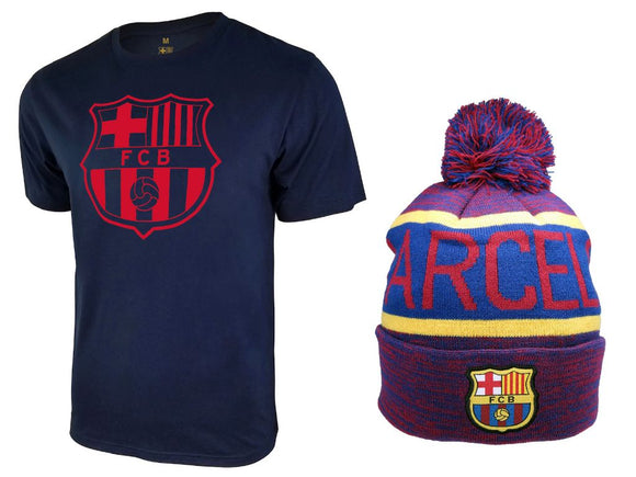 Icon Sports Men FC Barcelona Official Soccer T-Shirt and Beanie Combo 53