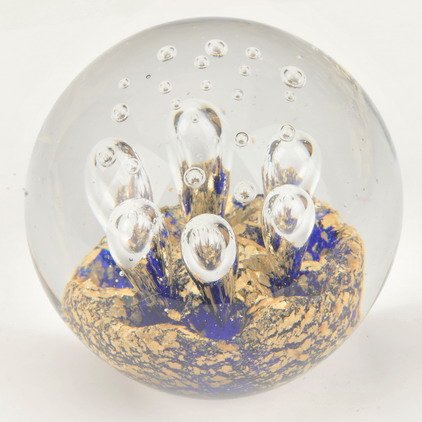 M Design Arted Hand Glass Blue & White Millefiori Filled Paperweight 01