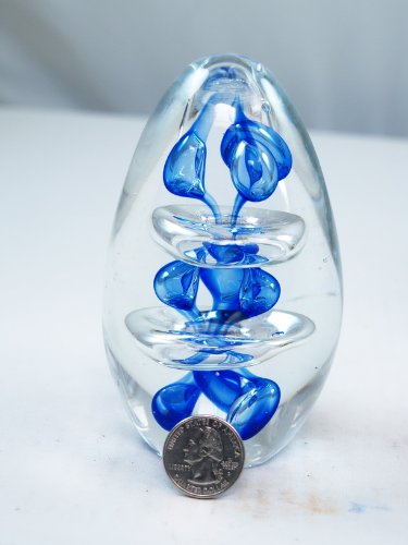 M Design Art Handcraft Blue Stem with Clear Liquid Halo Egg Paperweight