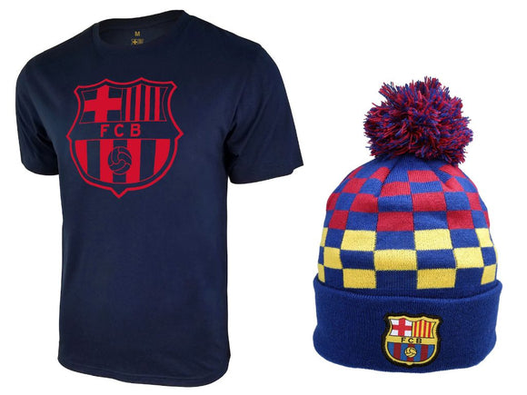 Icon Sports Men FC Barcelona Official Soccer T-Shirt and Beanie Combo 54