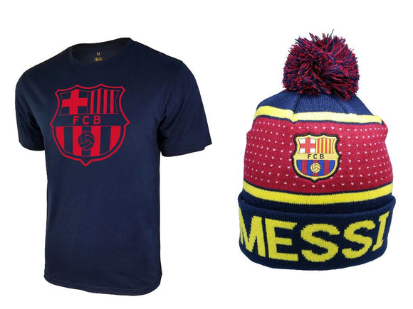 Icon Sports Men FC Barcelona Official Soccer T-Shirt and Beanie Combo 35