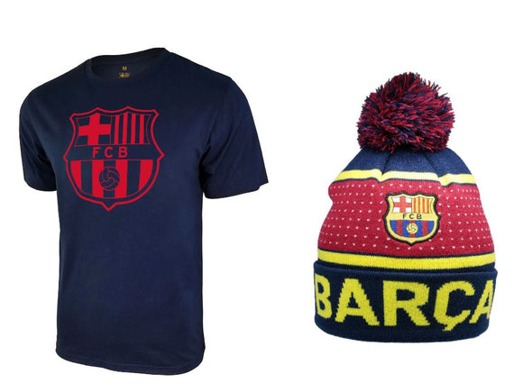 Icon Sports Men FC Barcelona Official Soccer T-Shirt and Beanie Combo 32