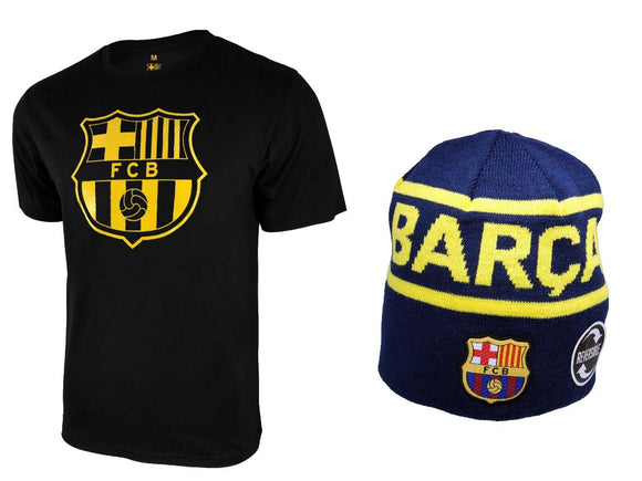 Icon Sports Men FC Barcelona Official Soccer T-Shirt and Beanie Combo 22