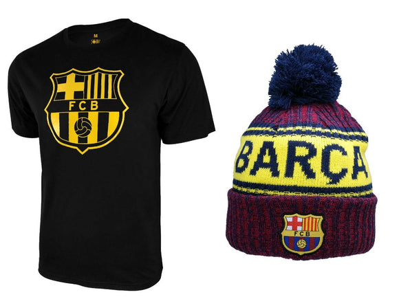 Icon Sports Men FC Barcelona Official Soccer T-Shirt and Beanie Combo 24