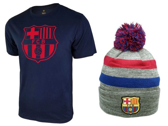 Icon Sports Men FC Barcelona Official Soccer T-Shirt and Beanie Combo 52
