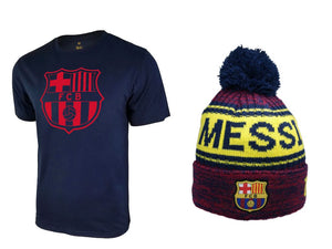 Icon Sports Men FC Barcelona Official Soccer T-Shirt and Beanie Combo 34