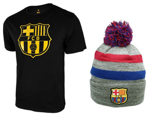 Icon Sports Men FC Barcelona Official Soccer T-Shirt and Beanie Combo 48