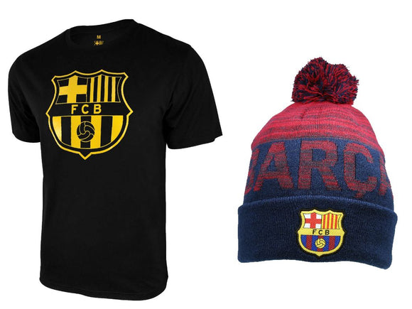 Icon Sports Men FC Barcelona Official Soccer T-Shirt and Beanie Combo 23